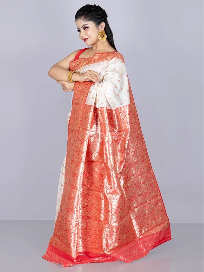 Elegant Par Anchal Buti White Katan Silk Saree