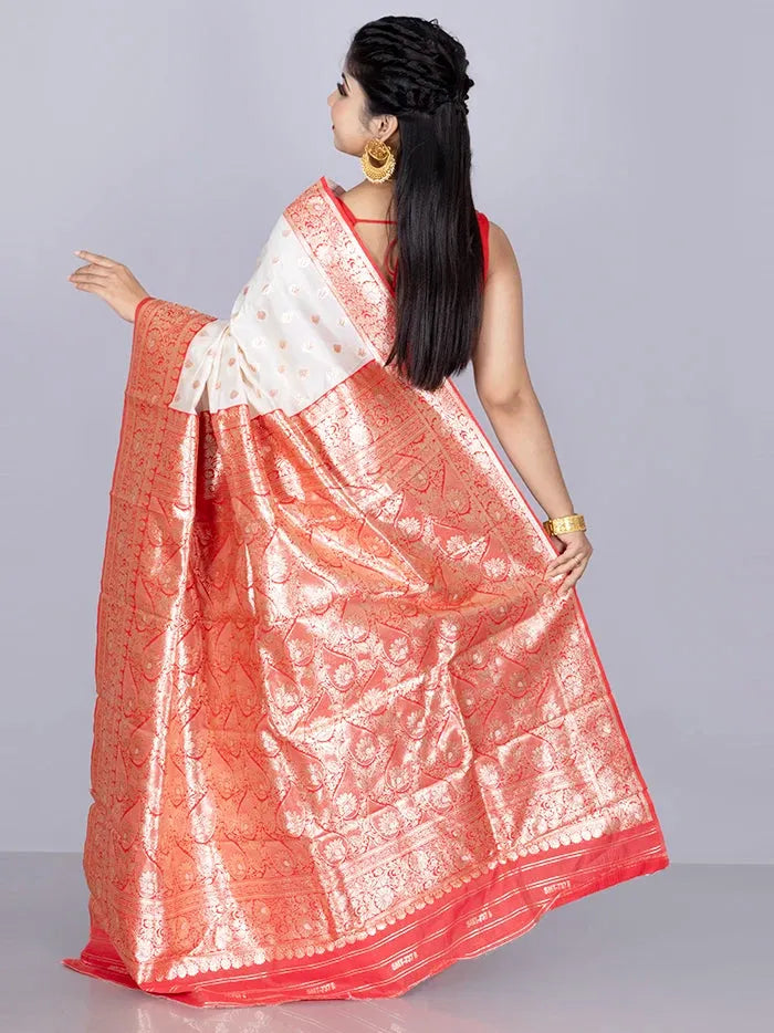 Elegant Par Anchal Buti White Katan Silk Saree