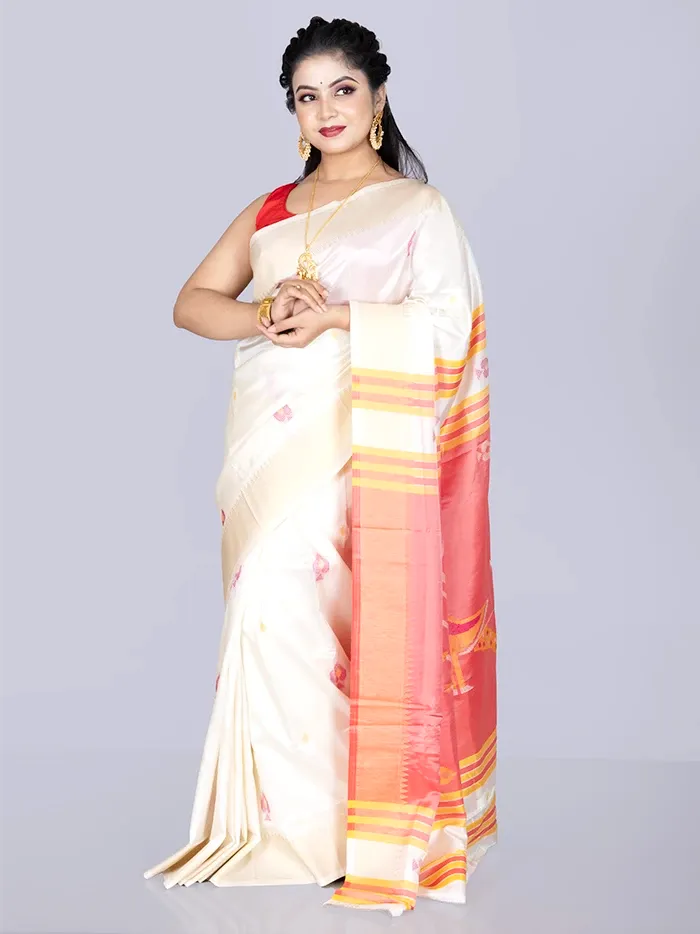 Elegant White Katan Kalakshetra Silk Saree