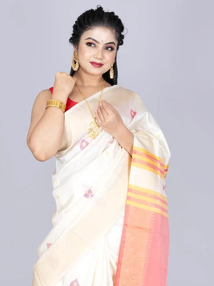 Elegant White Katan Kalakshetra Silk Saree