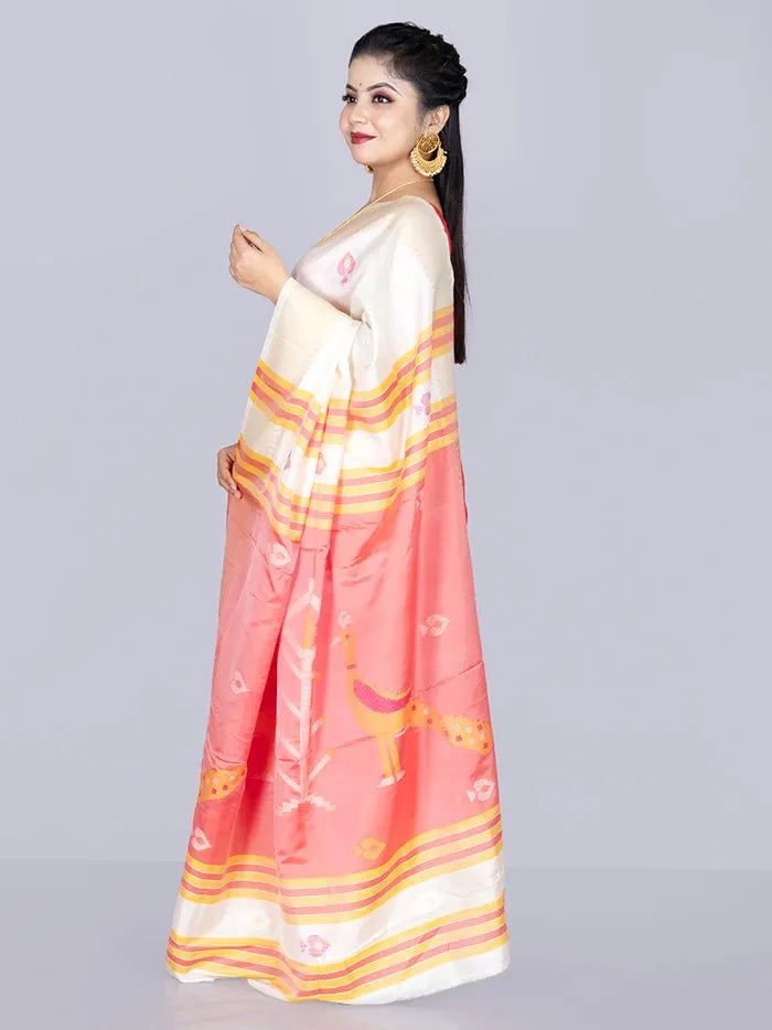 Elegant White Katan Kalakshetra Silk Saree