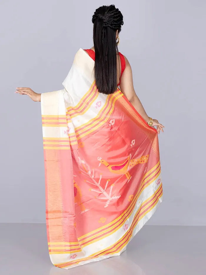 Elegant White Katan Kalakshetra Silk Saree