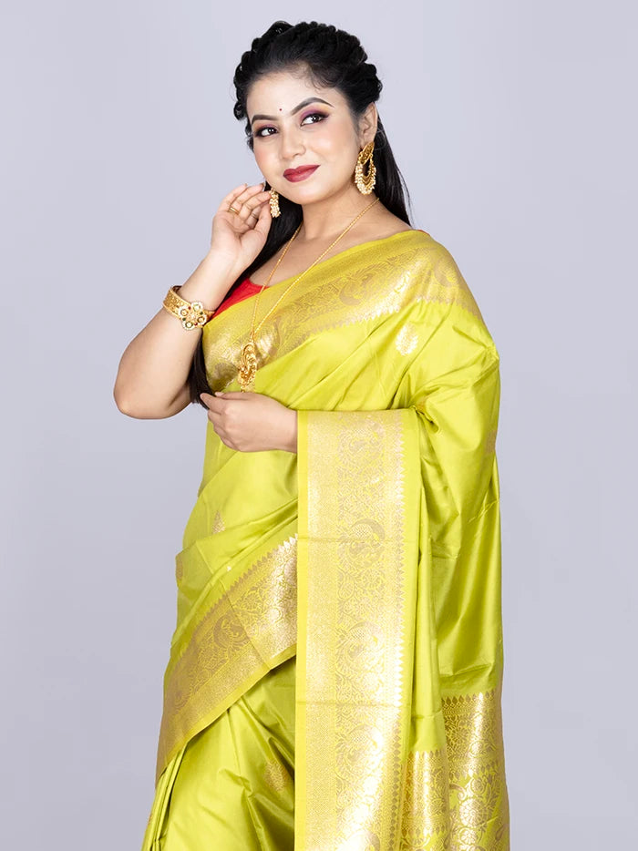 Elegant Par Anchal Buti Lime Katan Silk Saree