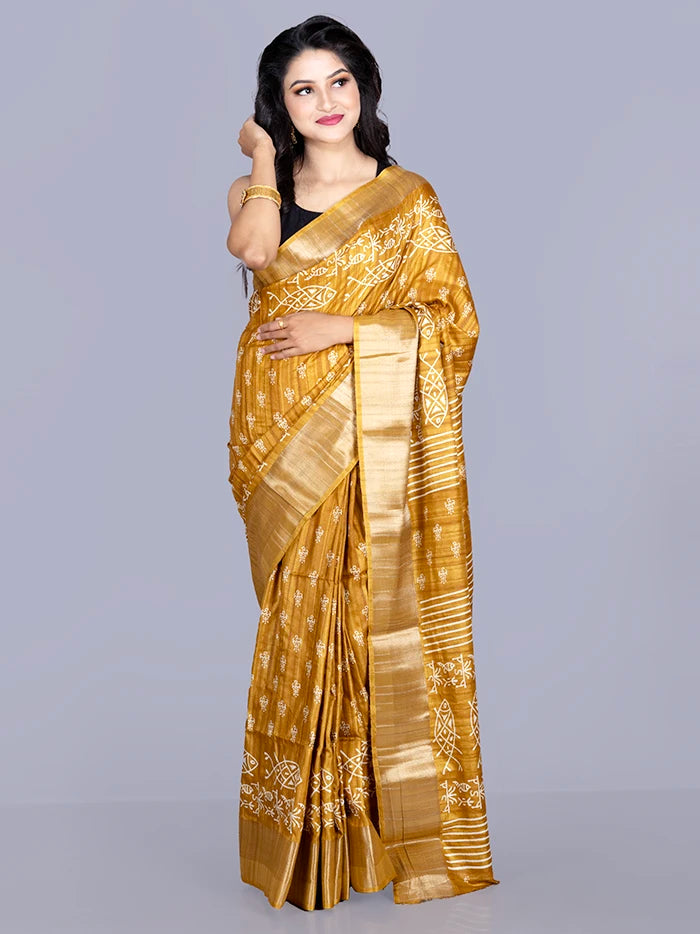 Elegant Mustard Tussar Matka Silk Saree