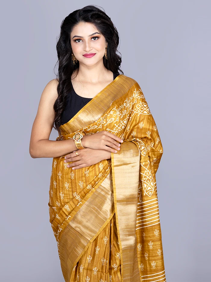 Elegant Mustard Tussar Matka Silk Saree