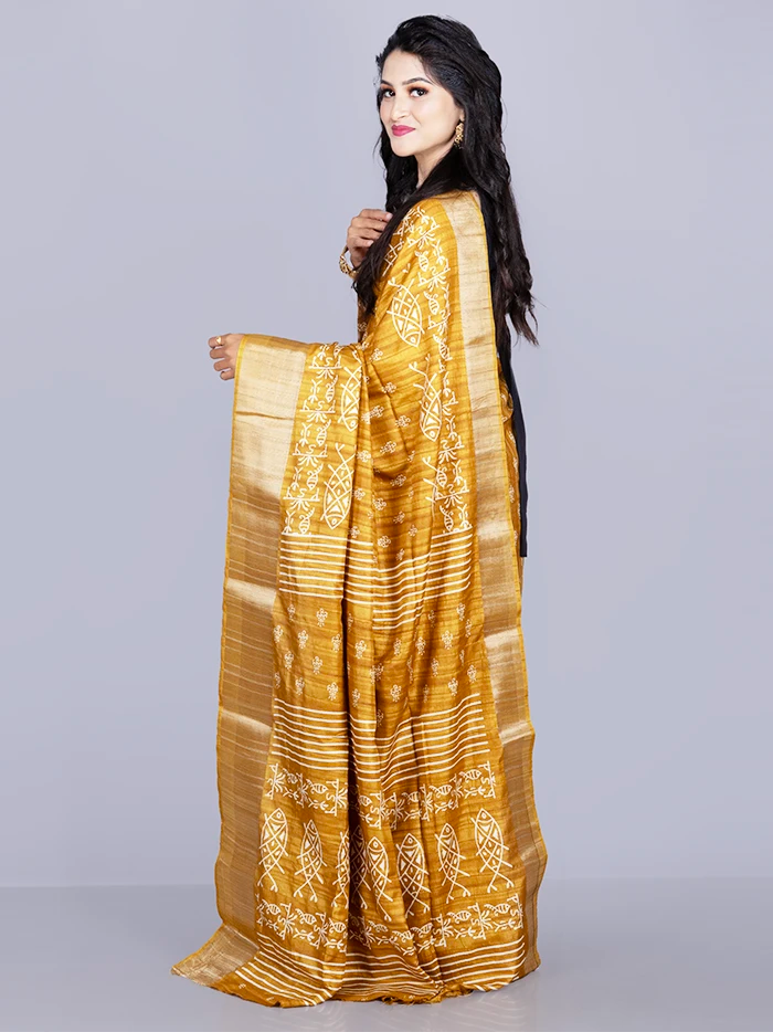 Elegant Mustard Tussar Matka Silk Saree