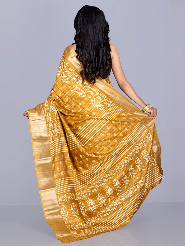 Elegant Mustard Tussar Matka Silk Saree