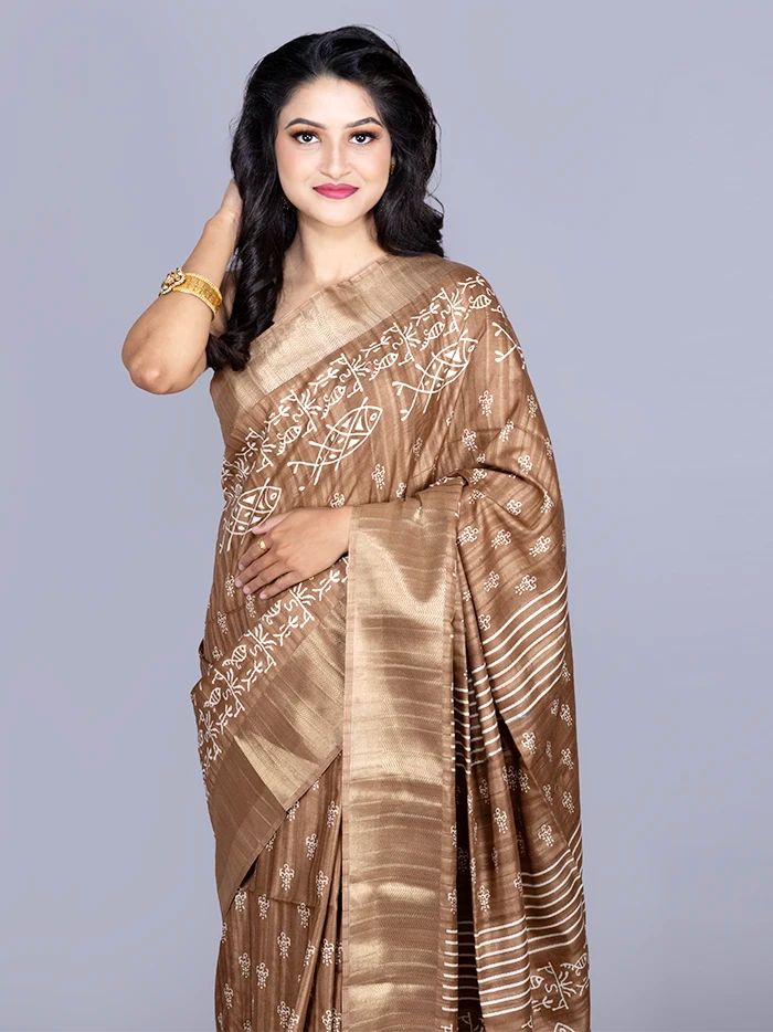 Elegant Brown Tussar Matka Silk Saree