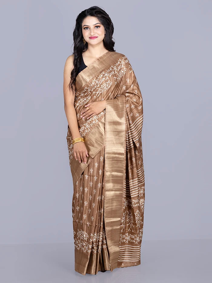 Elegant Brown Tussar Matka Silk Saree