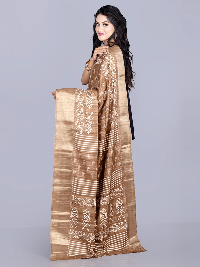 Elegant Brown Tussar Matka Silk Saree