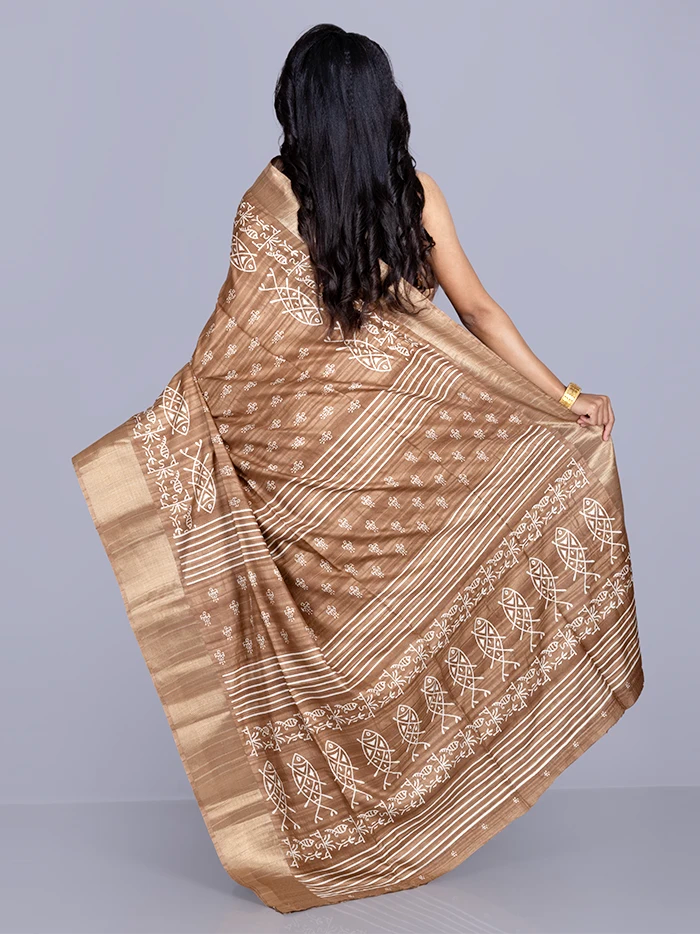 Elegant Brown Tussar Matka Silk Saree