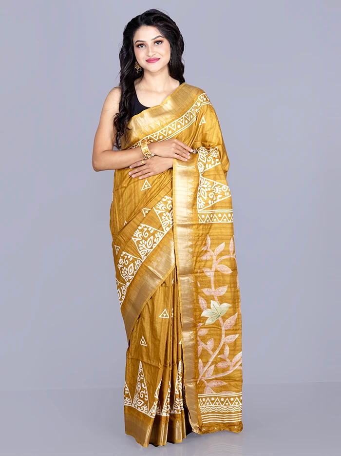 Elegant Par Anchal Buti Mustard Tussar Matka Silk Saree