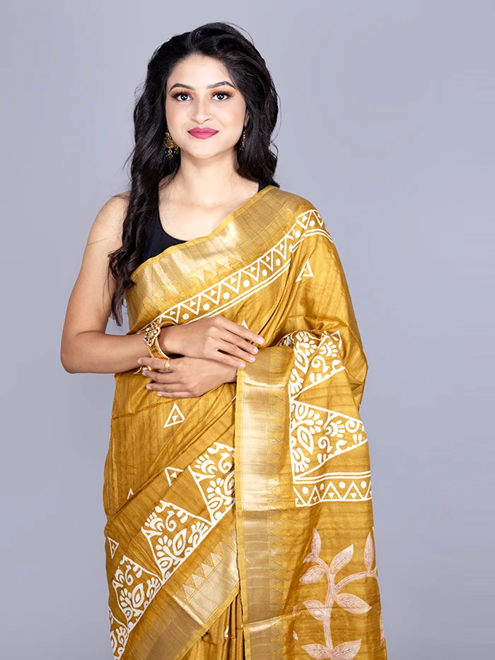 Elegant Par Anchal Buti Mustard Tussar Matka Silk Saree