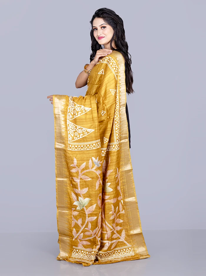 Elegant Par Anchal Buti Mustard Tussar Matka Silk Saree