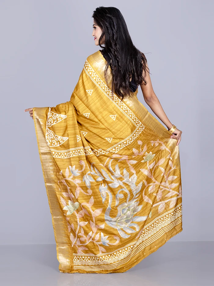 Elegant Par Anchal Buti Mustard Tussar Matka Silk Saree