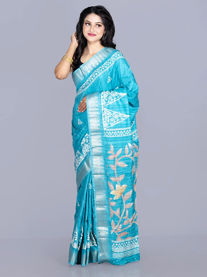 Elegant Sky Blue Tussar Matka Silk Saree