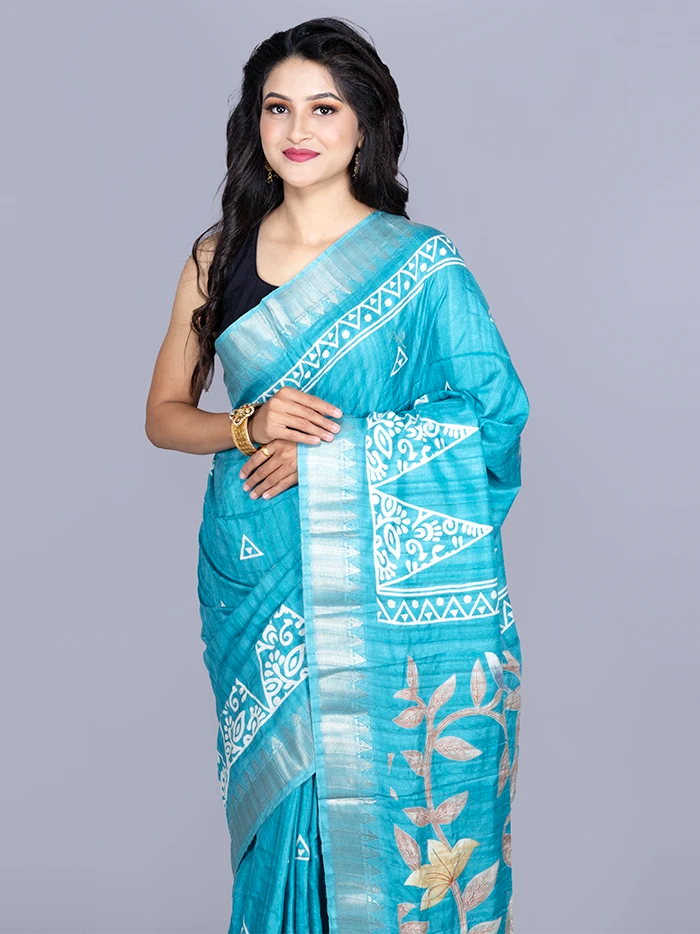 Elegant Sky Blue Tussar Matka Silk Saree