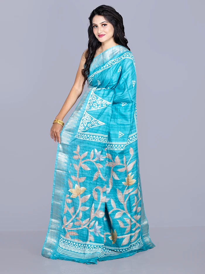 Elegant Sky Blue Tussar Matka Silk Saree