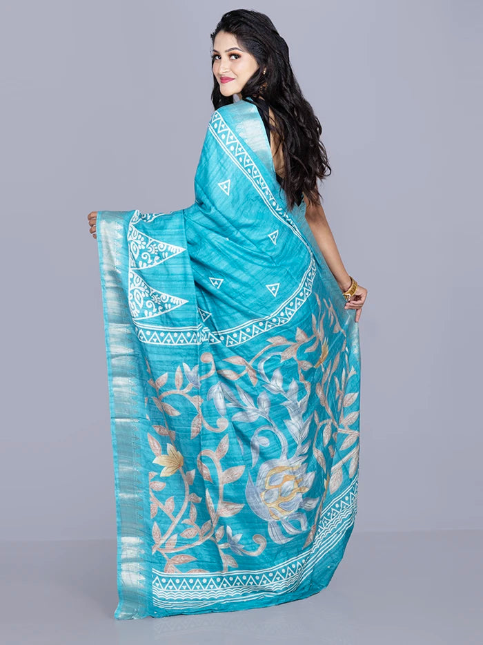 Elegant Sky Blue Tussar Matka Silk Saree