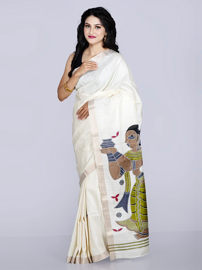 Elegant White Tussar Matka Silk Saree