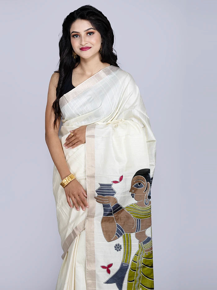 Elegant White Tussar Matka Silk Saree