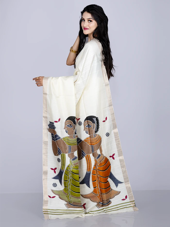 Elegant White Tussar Matka Silk Saree