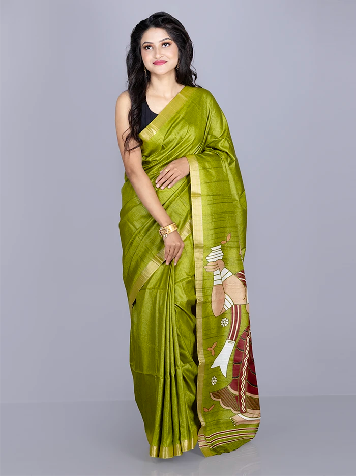 Elegant Green Tussar Matka Silk Saree