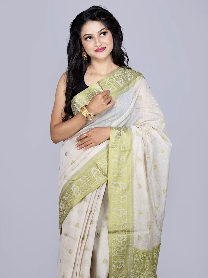 Elegant Olive Par Anchal Buti Handloom Saree