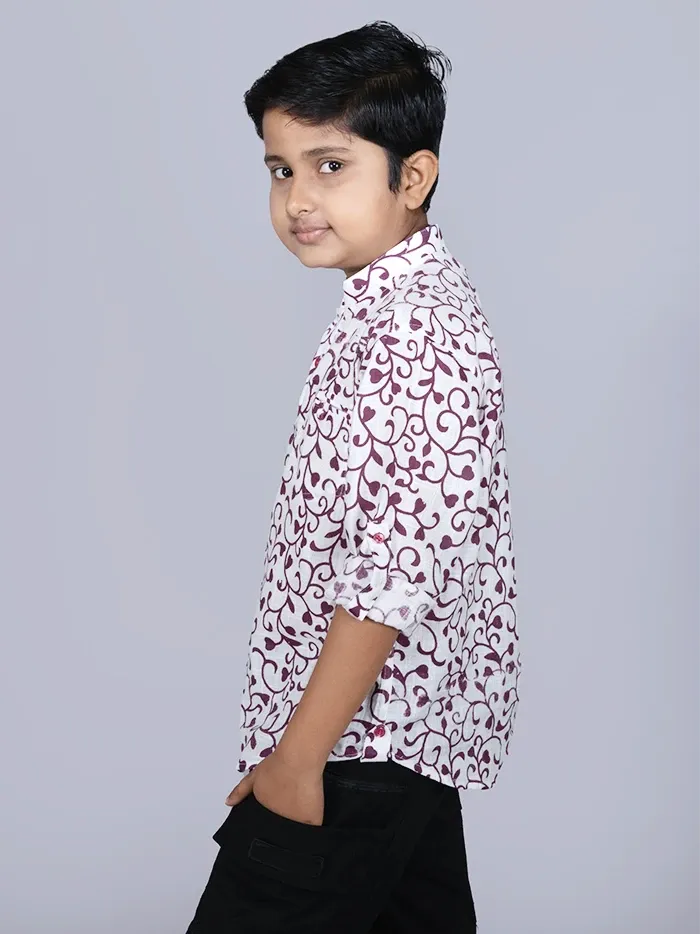 Maroon Printed Cotton Slab Boys Short Kurta