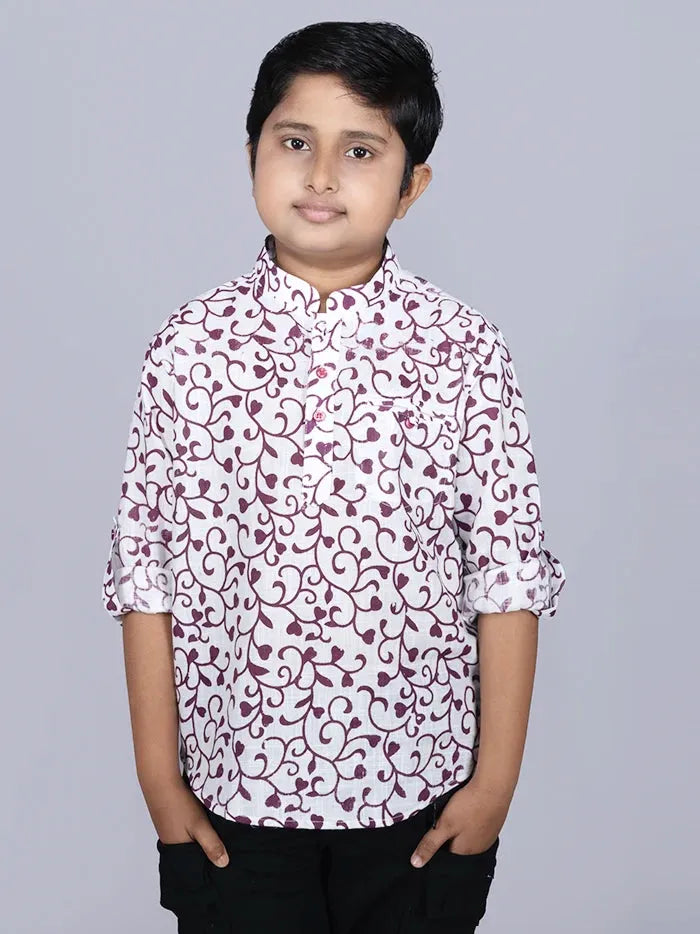 Maroon Printed Cotton Slab Boys Short Kurta