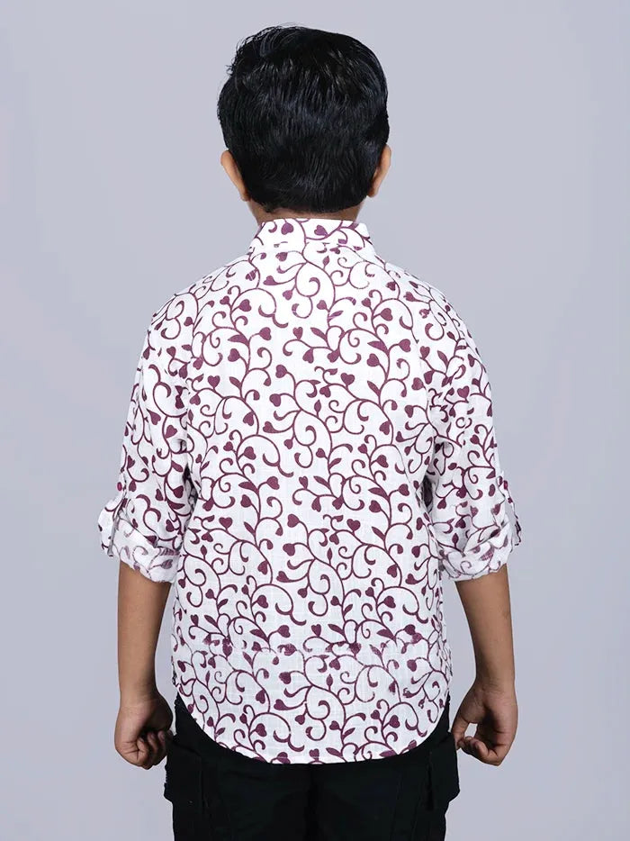 Maroon Printed Cotton Slab Boys Short Kurta