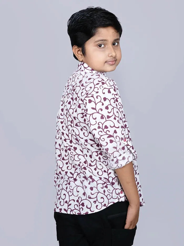 Maroon Printed Cotton Slab Boys Short Kurta