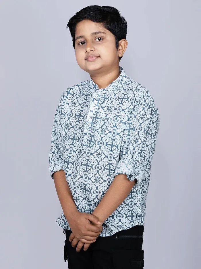 Gray Printed Cotton Slab Boys Short Kurta