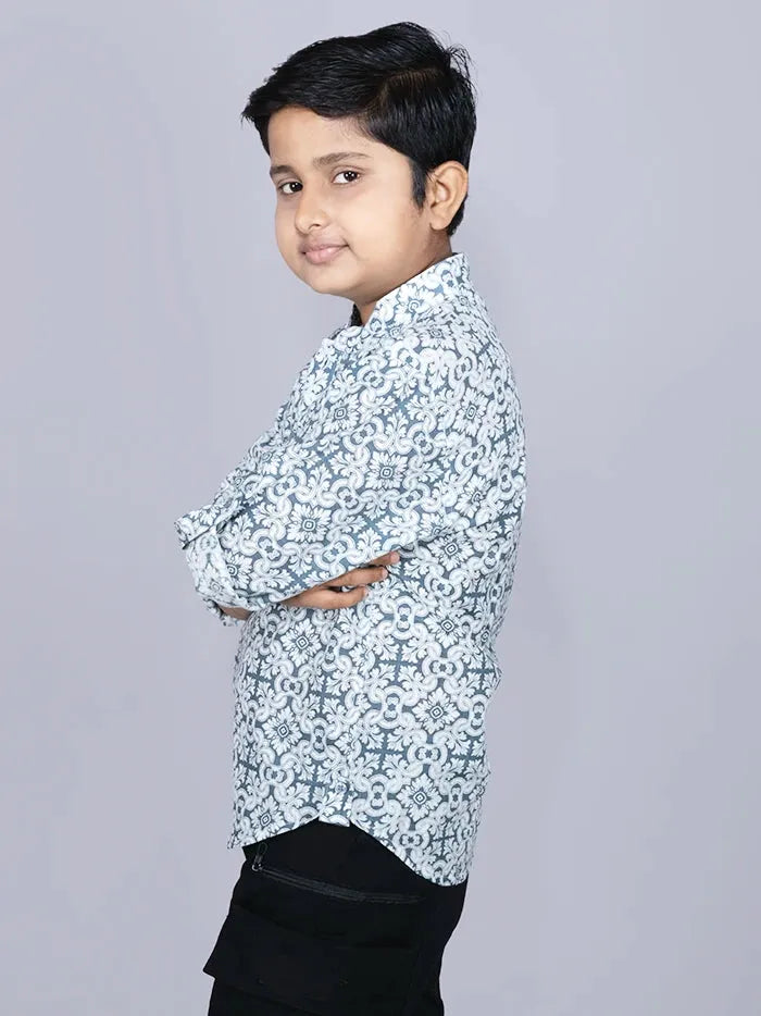 Gray Printed Cotton Slab Boys Short Kurta