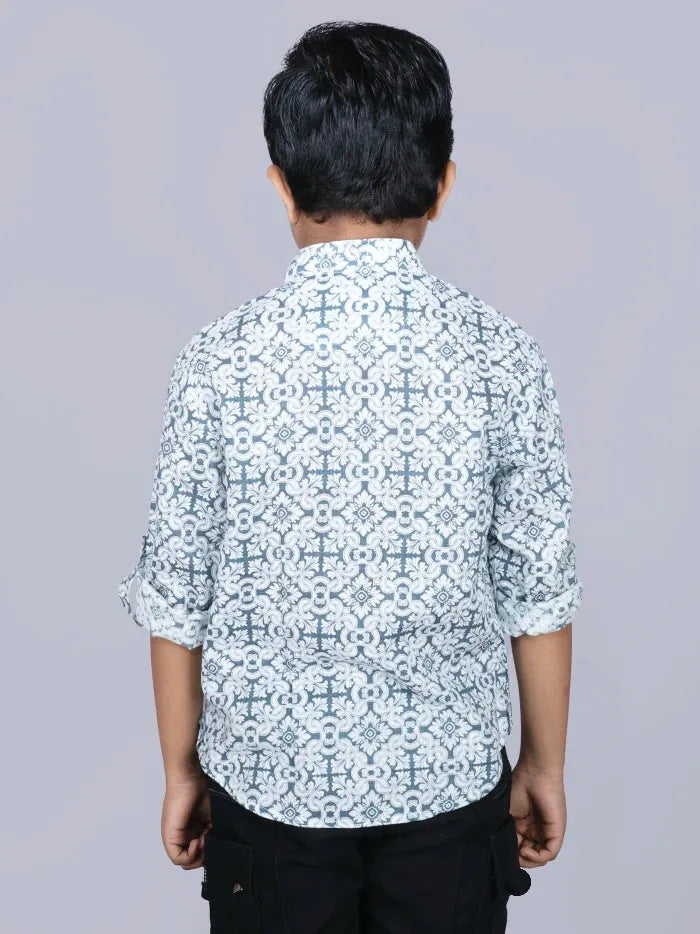 Gray Printed Cotton Slab Boys Short Kurta