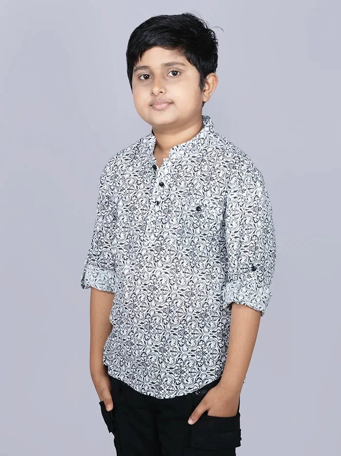 Black Printed Cotton Slab Boys Short Kurta