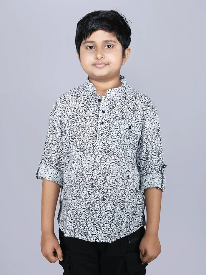 Black Printed Cotton Slab Boys Short Kurta