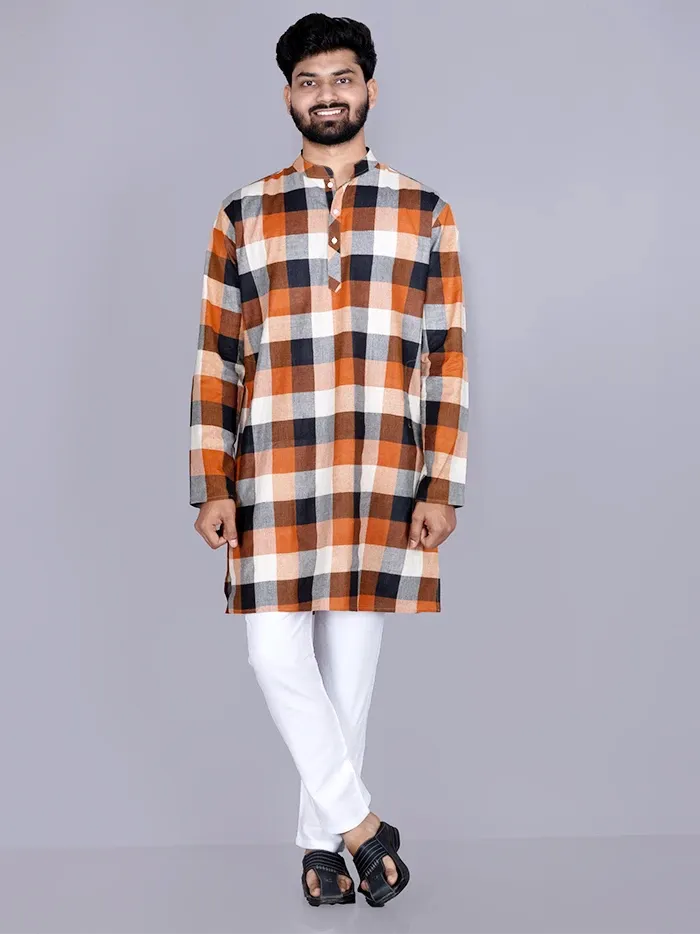 Multicoloured Checks Handwoven Cotton Men Kurta