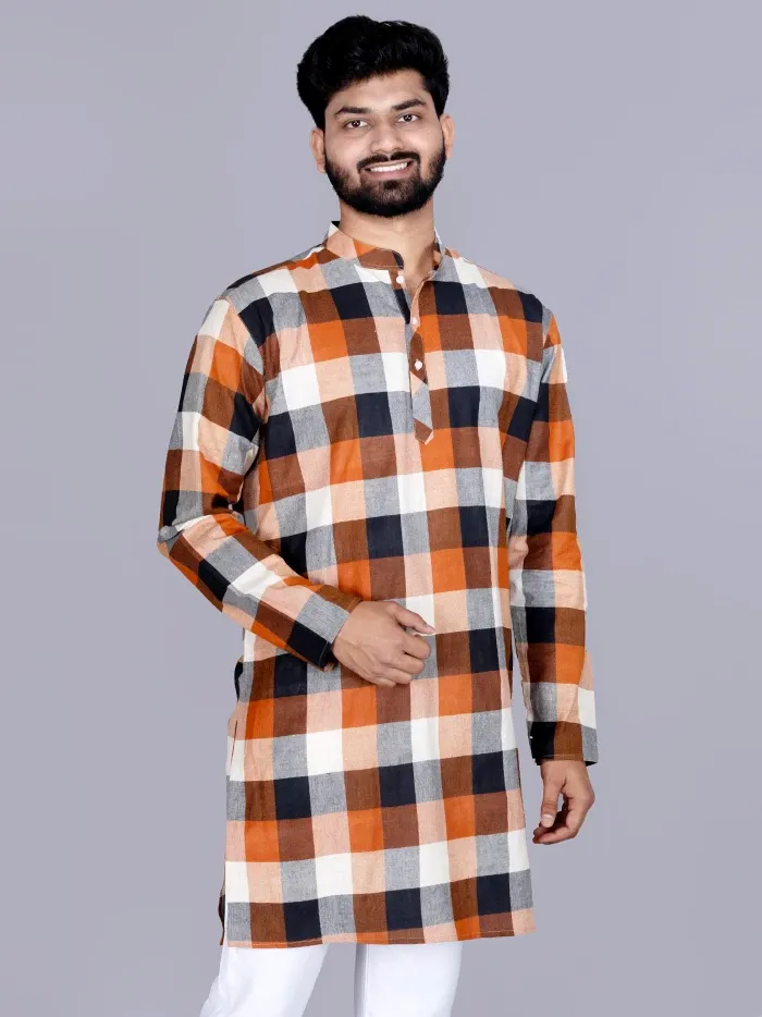 Multicoloured Checks Handwoven Cotton Men Kurta