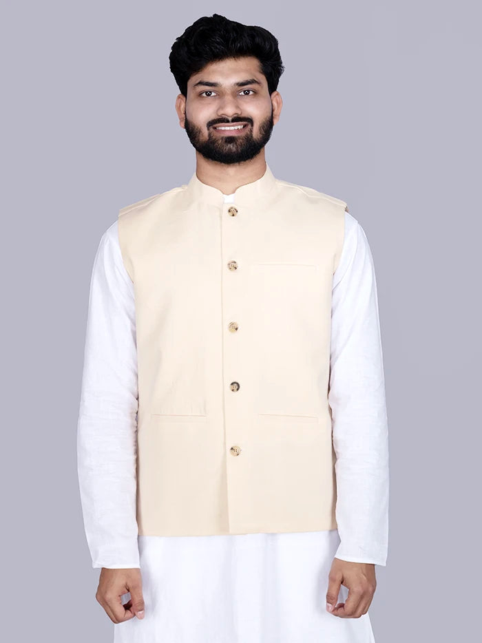 Cream Solid Poly Cotton Modi Jacket