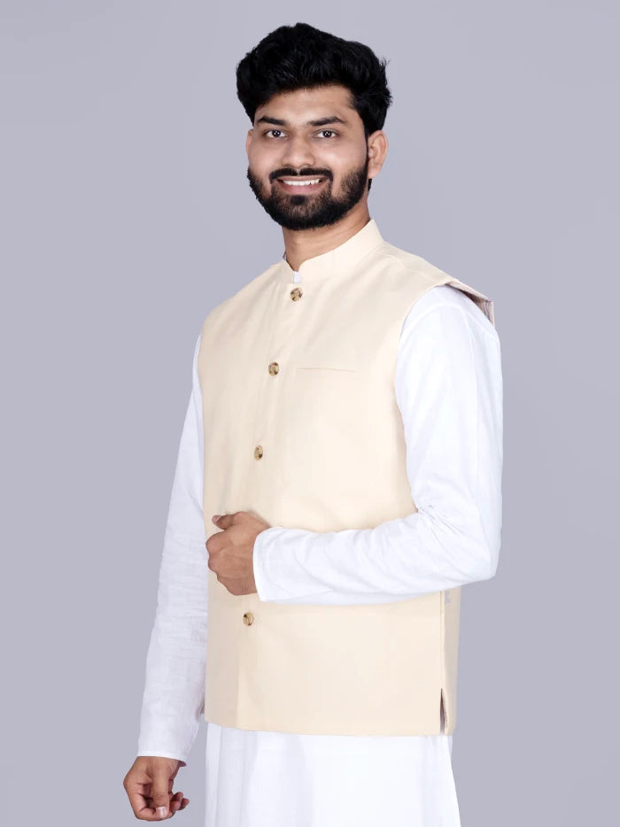 Cream Solid Poly Cotton Modi Jacket