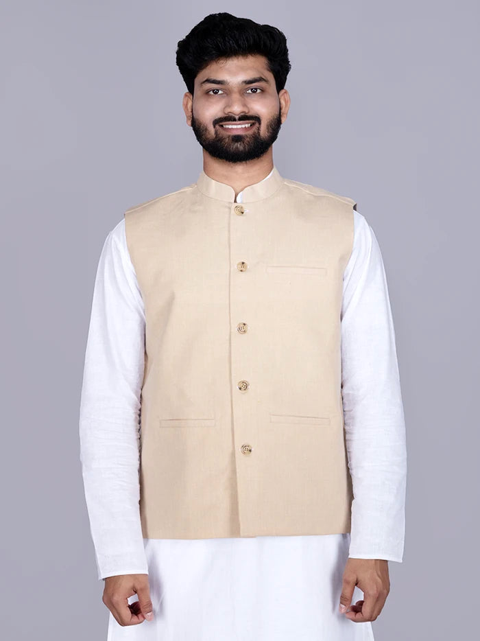 Beige Solid Poly Cotton Modi Jacket