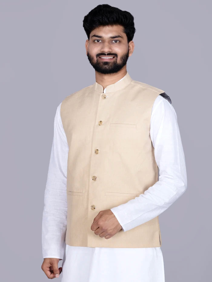 Beige Solid Poly Cotton Modi Jacket