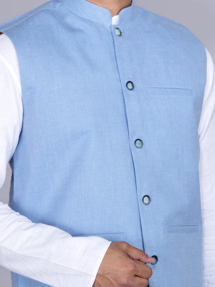 Sky Blue Solid Poly Cotton Modi Jacket