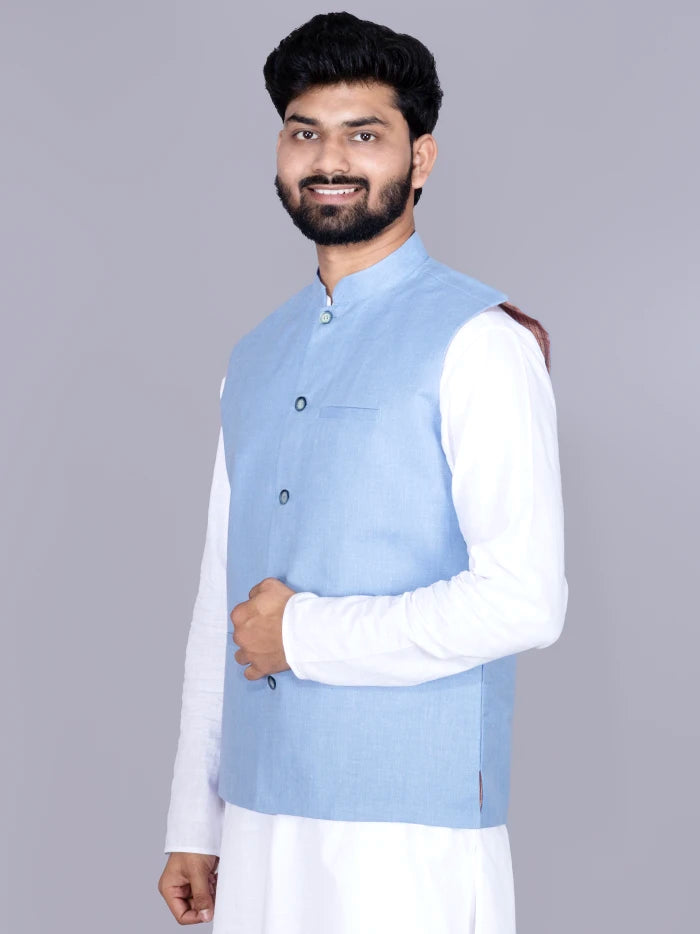 Sky Blue Solid Poly Cotton Modi Jacket