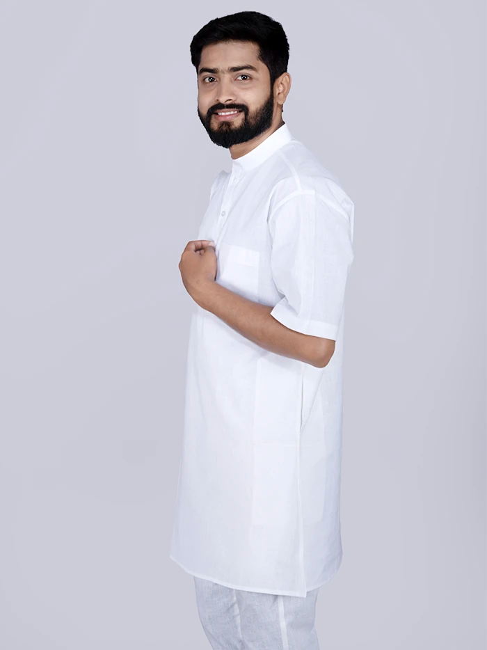 White Solid Handwoven Organic Cotton Men Kurta