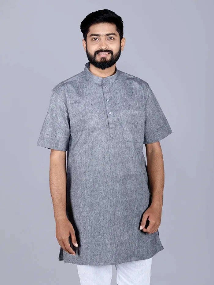 Black Grey Handwoven Organic Cotton Men Kurta