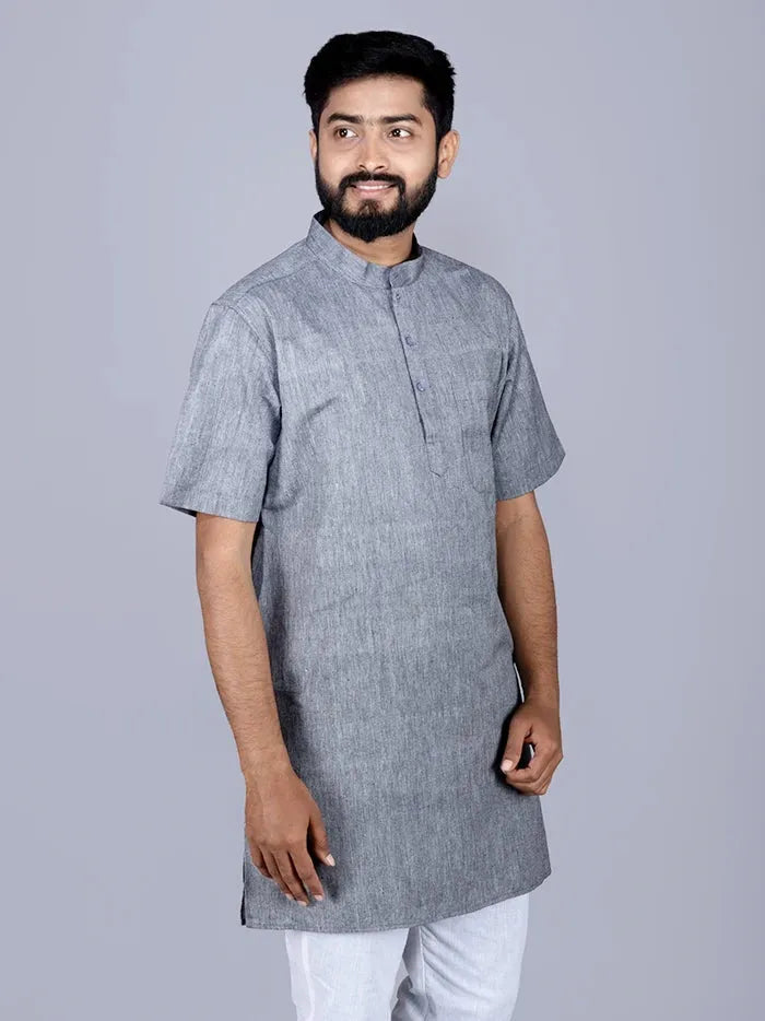 Black Grey Handwoven Organic Cotton Men Kurta