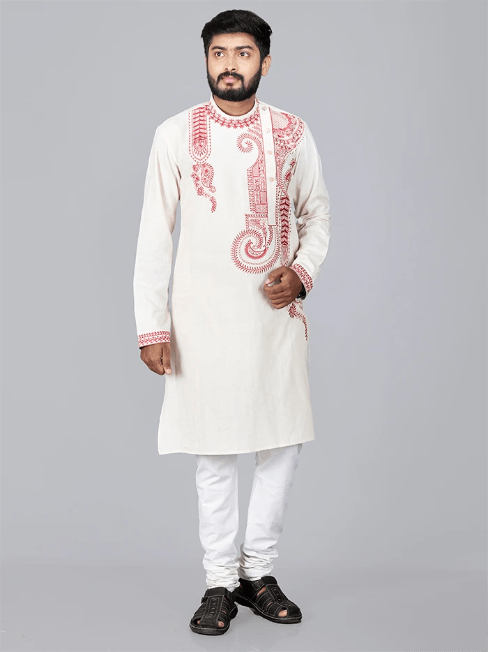 Beige Handwoven Organic Cotton Embroidered Men Kurta