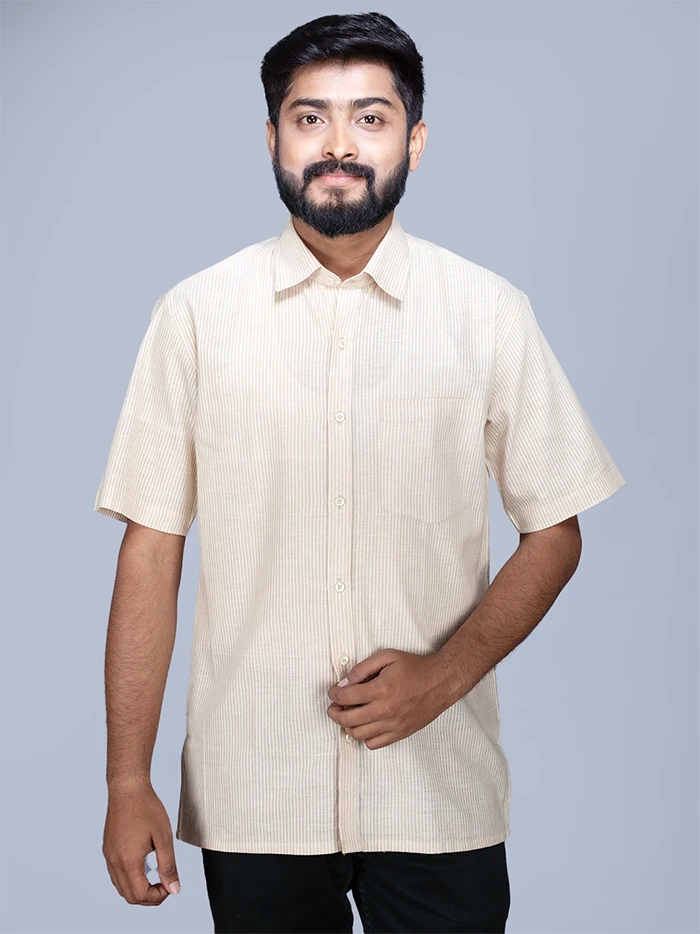 Bisque Handwoven Organic Cotton striped Fitted Men Shirt